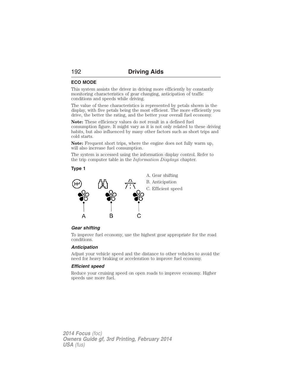 Driving aids, Eco mode, Type 1 | Gear shifting, Anticipation, Efficient speed, 192 driving aids | FORD 2014 Focus v.3 User Manual | Page 193 / 494