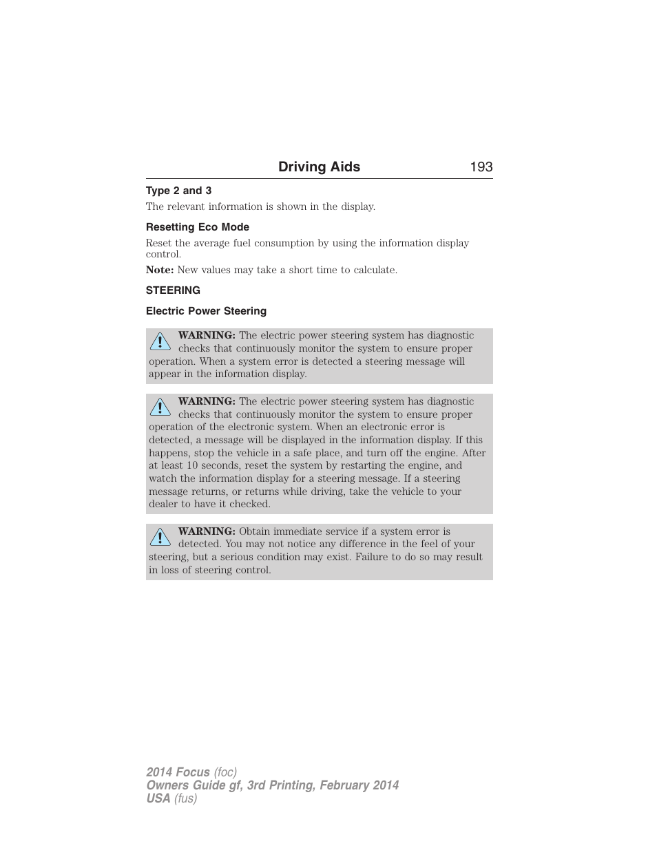 Type 2 and 3, Resetting eco mode, Steering | Electric power steering, Driving aids 193 | FORD 2014 Focus v.3 User Manual | Page 194 / 494