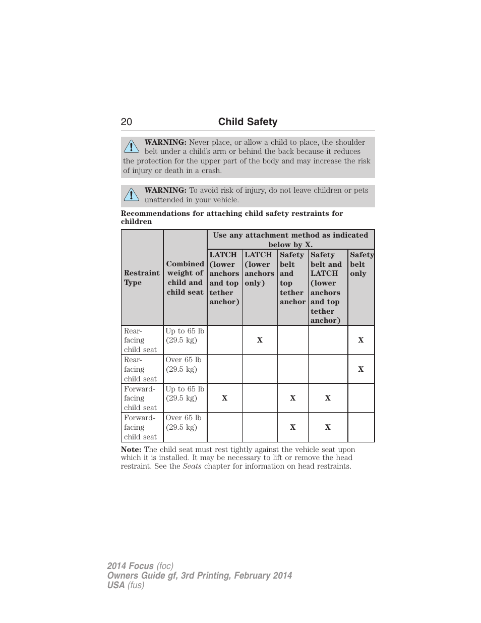 20 child safety | FORD 2014 Focus v.3 User Manual | Page 21 / 494