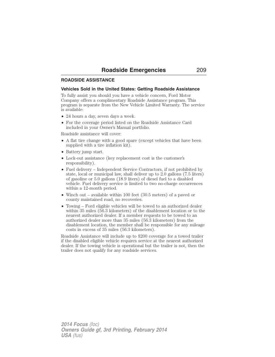 Roadside emergencies, Roadside assistance, Getting roadside assistance | Roadside emergencies 209 | FORD 2014 Focus v.3 User Manual | Page 210 / 494