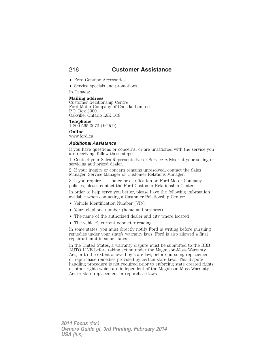 Additional assistance, 216 customer assistance | FORD 2014 Focus v.3 User Manual | Page 217 / 494