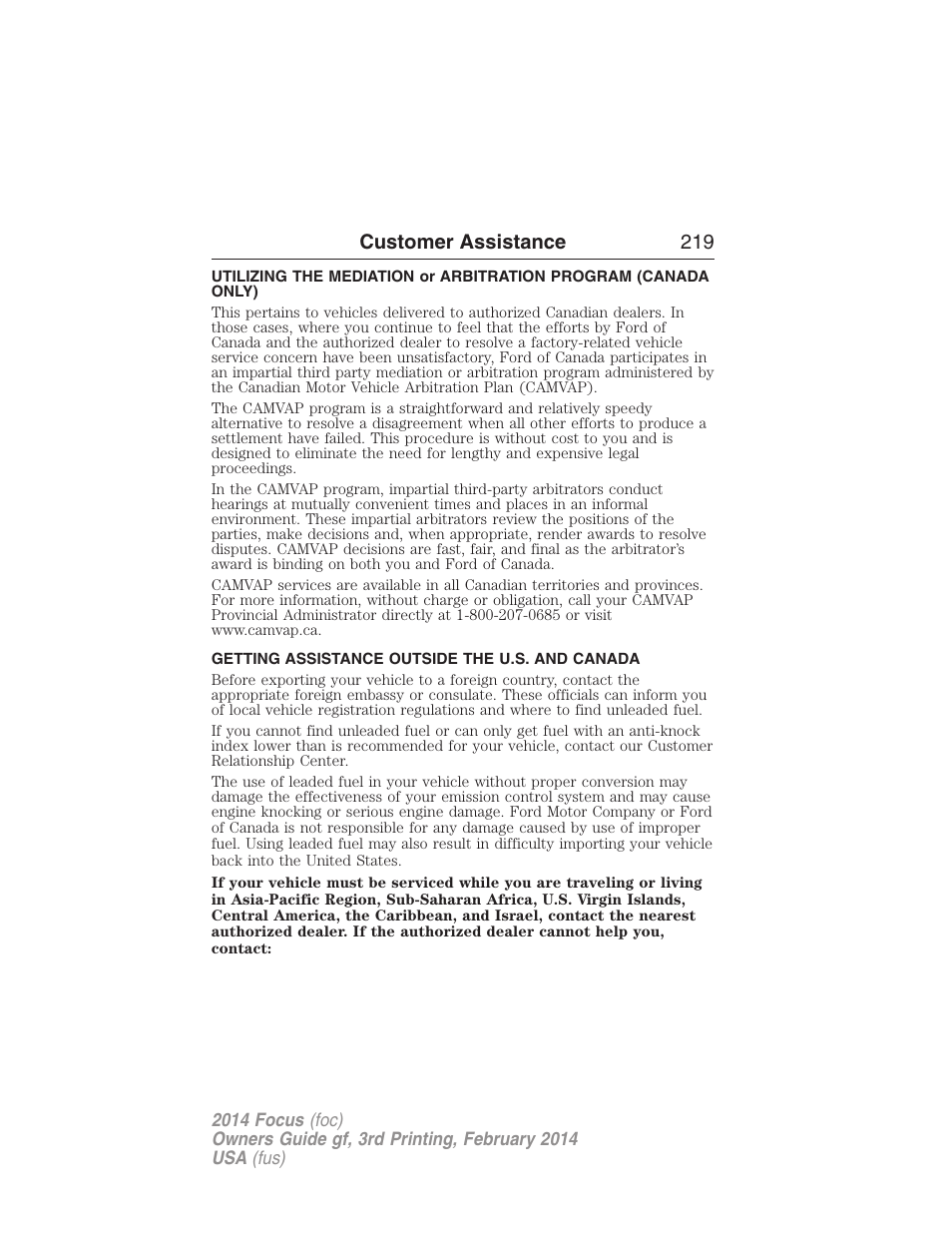 Getting assistance outside the u.s. and canada, Customer assistance 219 | FORD 2014 Focus v.3 User Manual | Page 220 / 494