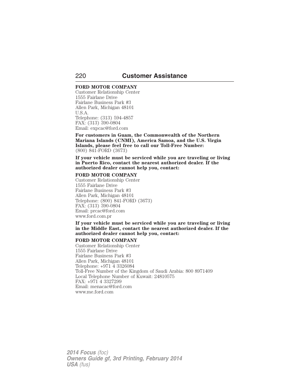 220 customer assistance | FORD 2014 Focus v.3 User Manual | Page 221 / 494