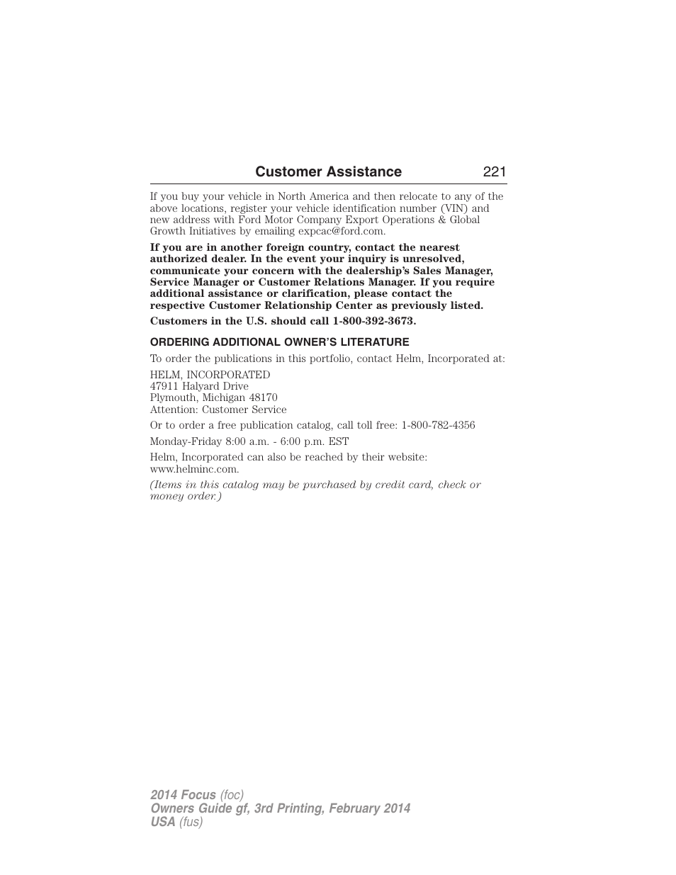 Ordering additional owner’s literature, Customer assistance 221 | FORD 2014 Focus v.3 User Manual | Page 222 / 494