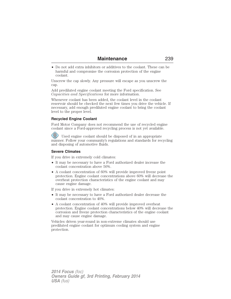 Recycled engine coolant, Severe climates, Maintenance 239 | FORD 2014 Focus v.3 User Manual | Page 240 / 494