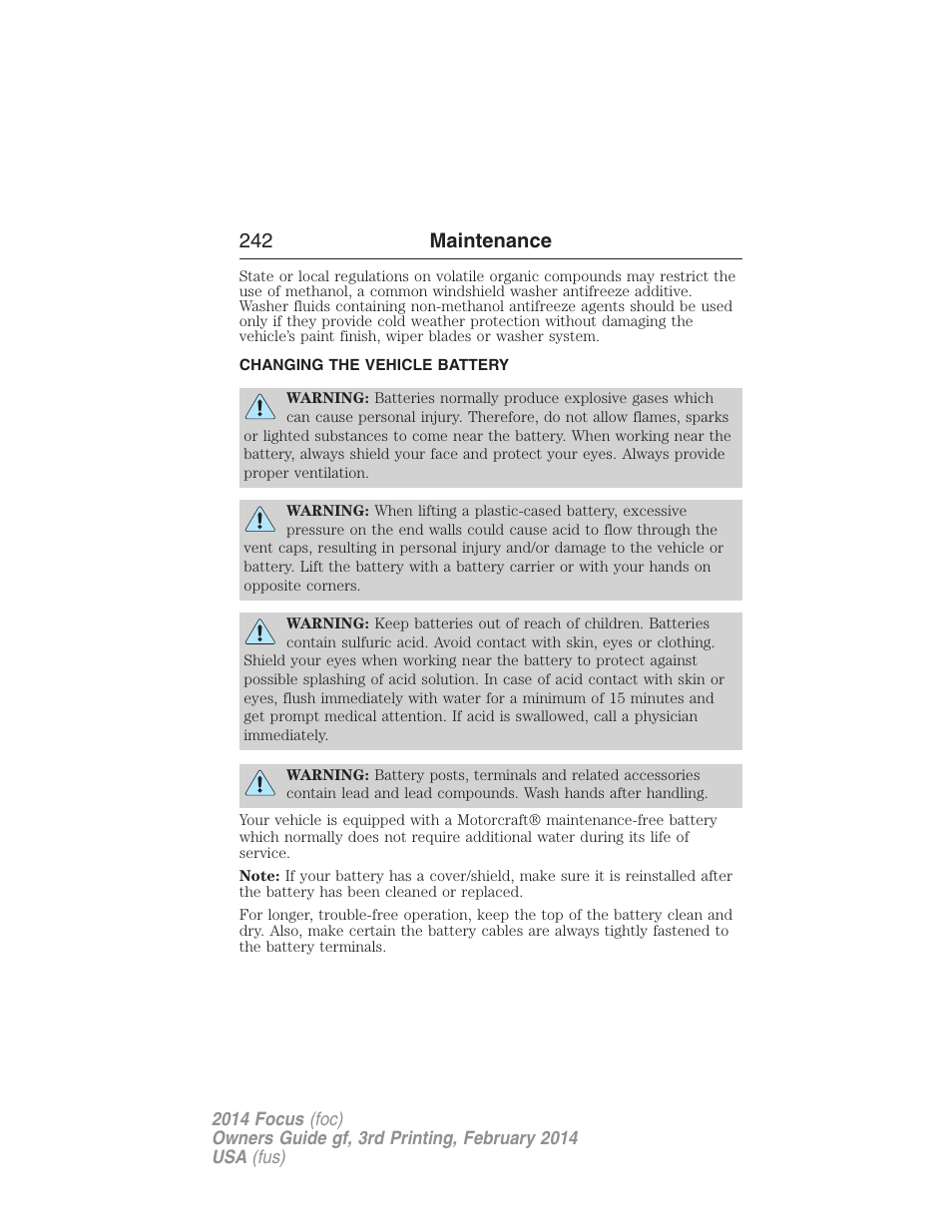 Changing the vehicle battery, 242 maintenance | FORD 2014 Focus v.3 User Manual | Page 243 / 494