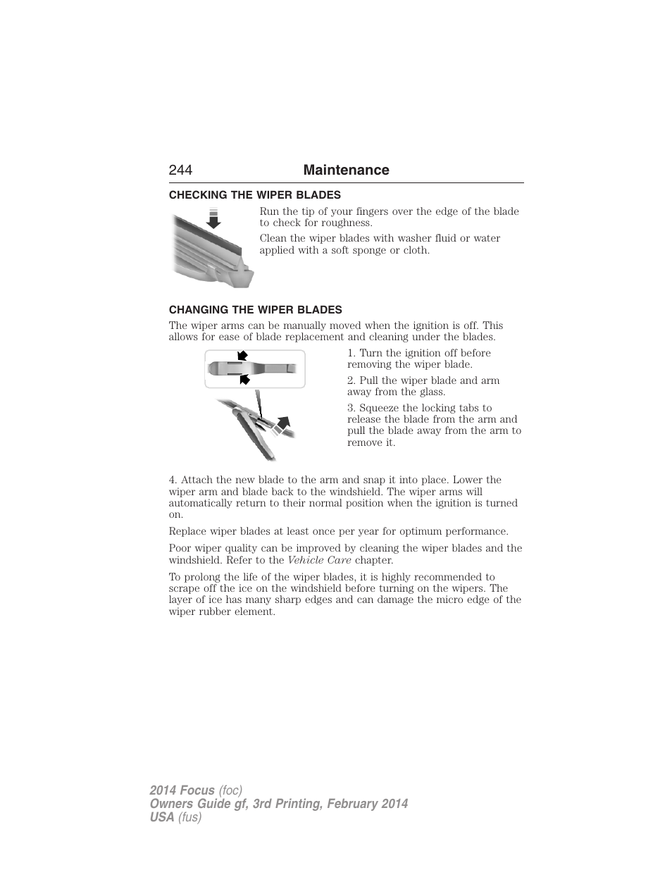 Checking the wiper blades, Changing the wiper blades, 244 maintenance | FORD 2014 Focus v.3 User Manual | Page 245 / 494