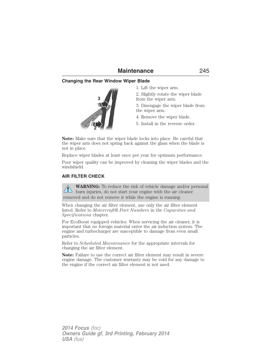 Changing the rear window wiper blade, Air filter check, Changing the wiper blades | Air filter(s), Maintenance 245 | FORD 2014 Focus v.3 User Manual | Page 246 / 494