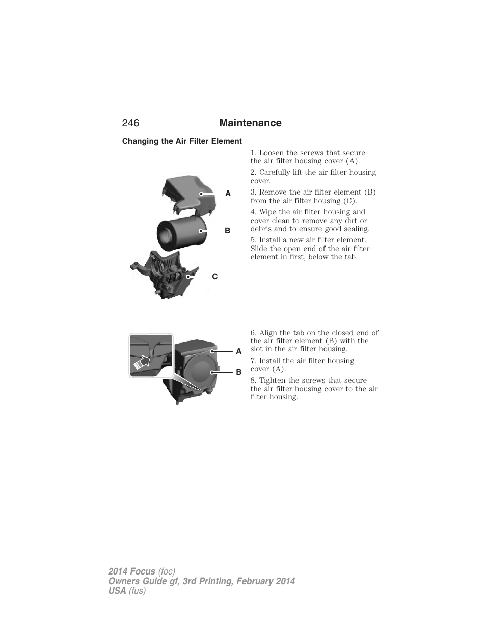 Changing the air filter element, 246 maintenance | FORD 2014 Focus v.3 User Manual | Page 247 / 494