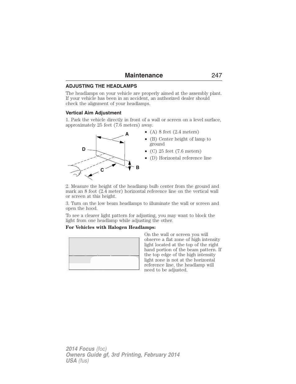 Adjusting the headlamps, Vertical aim adjustment, Maintenance 247 | FORD 2014 Focus v.3 User Manual | Page 248 / 494