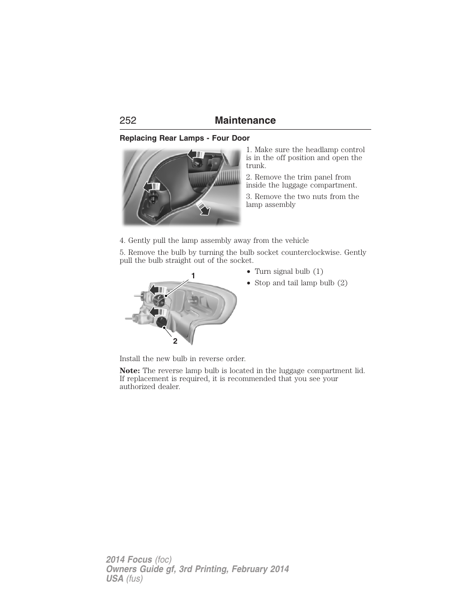 Replacing rear lamps - four door, 252 maintenance | FORD 2014 Focus v.3 User Manual | Page 253 / 494