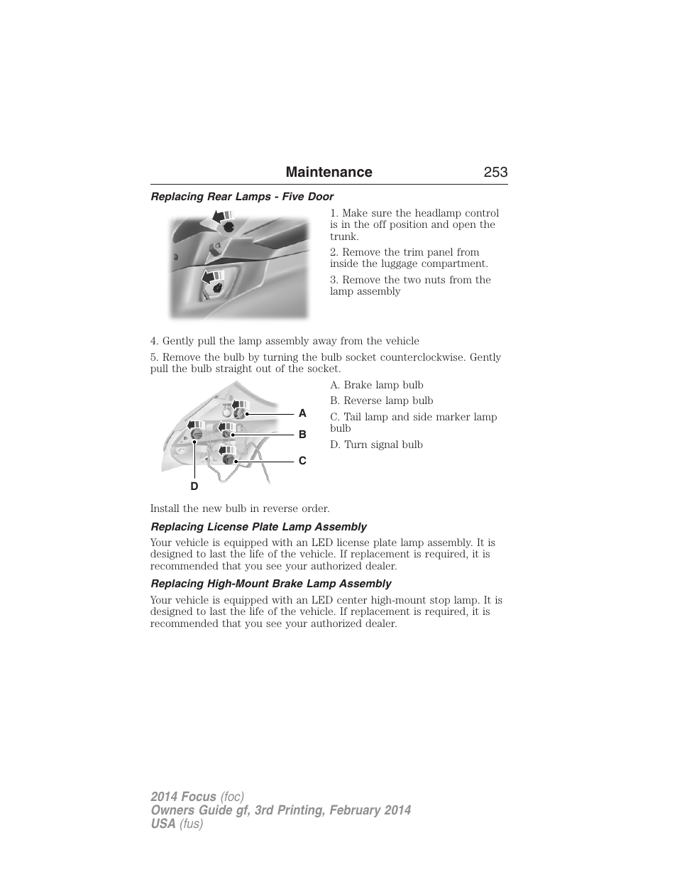 Replacing rear lamps - five door, Replacing license plate lamp assembly, Replacing high-mount brake lamp assembly | Maintenance 253 | FORD 2014 Focus v.3 User Manual | Page 254 / 494