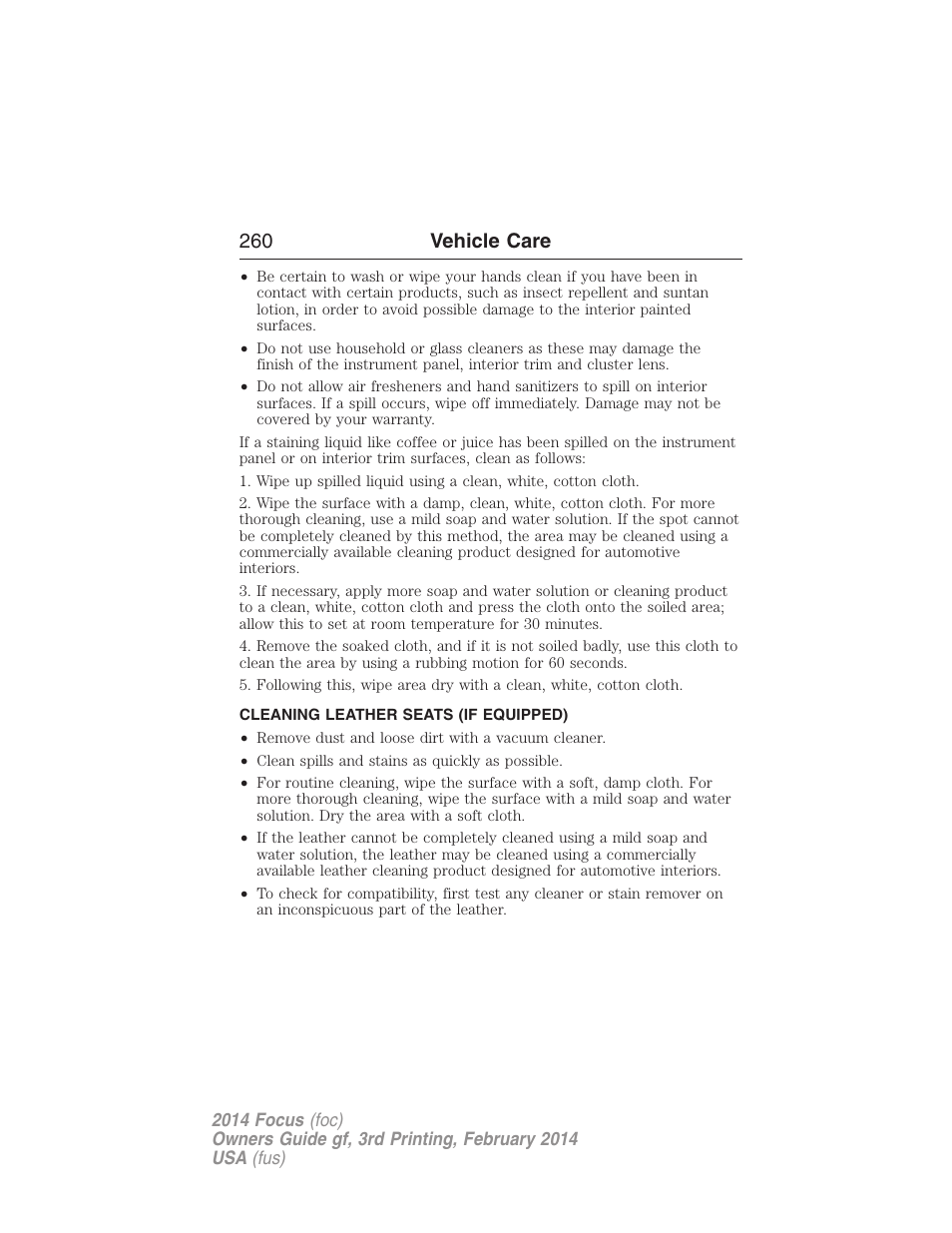 Cleaning leather seats (if equipped), Cleaning leather seats, 260 vehicle care | FORD 2014 Focus v.3 User Manual | Page 261 / 494