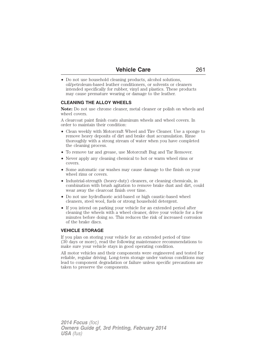 Cleaning the alloy wheels, Vehicle storage, Vehicle care 261 | FORD 2014 Focus v.3 User Manual | Page 262 / 494