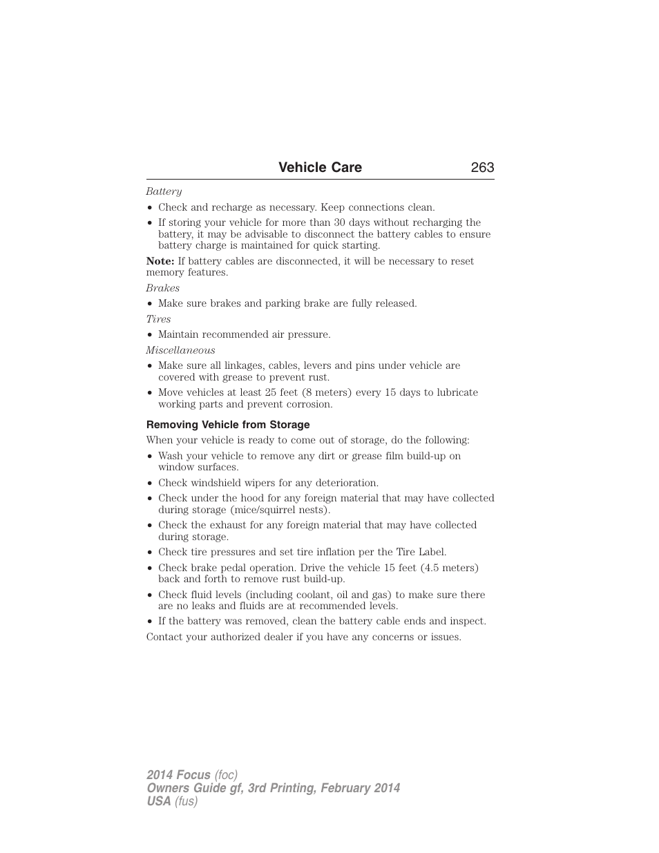 Removing vehicle from storage, Vehicle care 263 | FORD 2014 Focus v.3 User Manual | Page 264 / 494