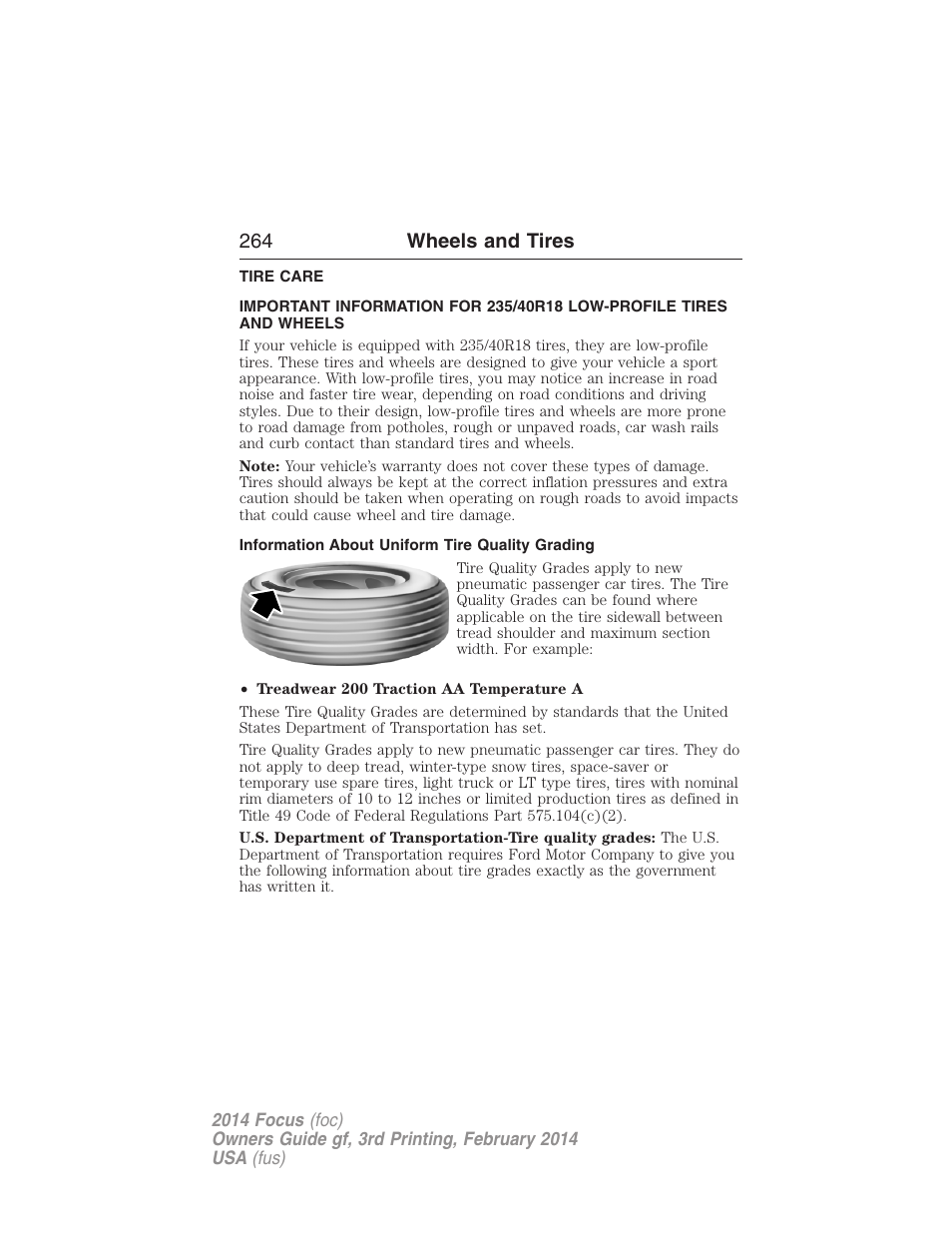 Wheels and tires, Tire care, Information about uniform tire quality grading | 264 wheels and tires | FORD 2014 Focus v.3 User Manual | Page 265 / 494