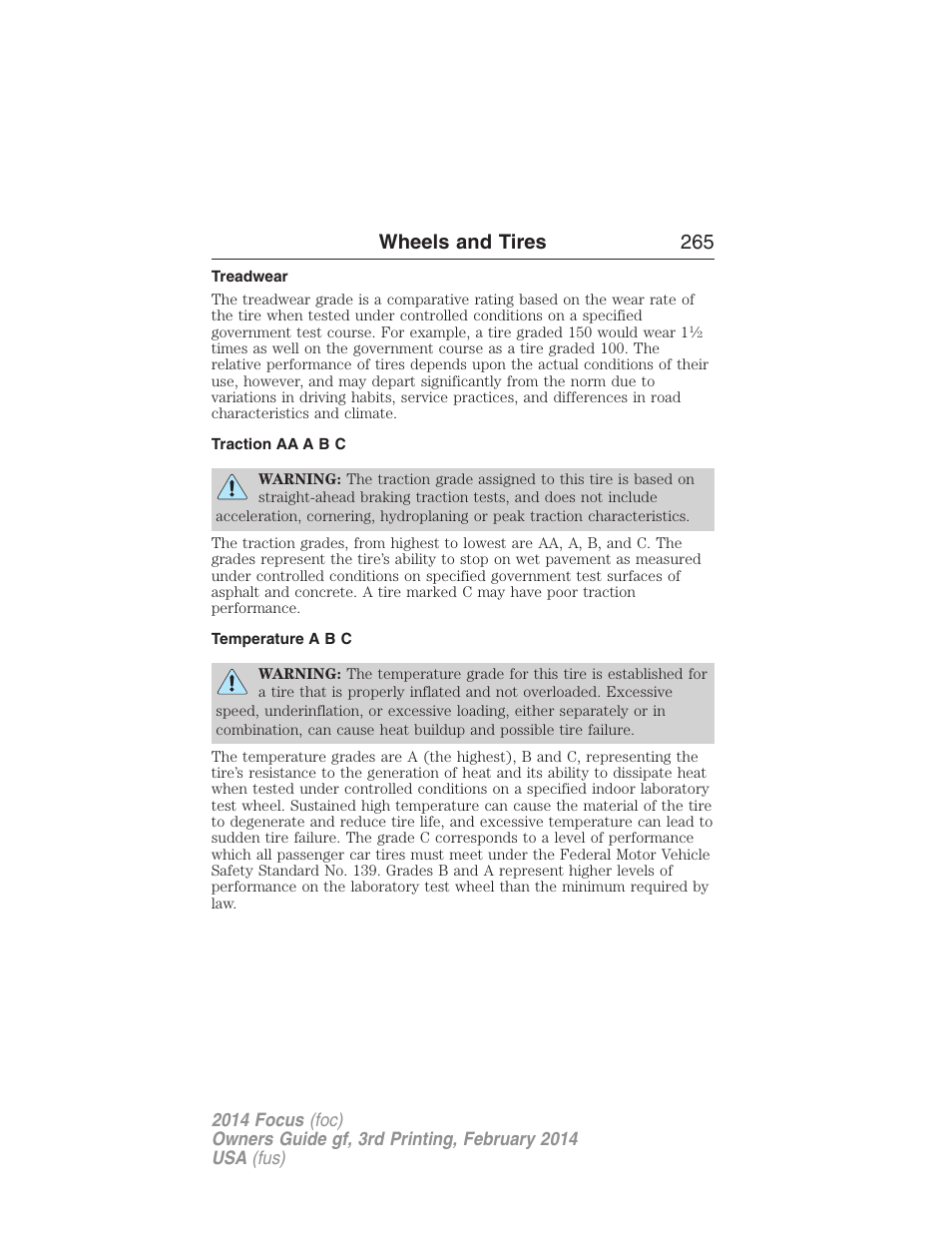 Treadwear, Traction aa a b c, Temperature a b c | Wheels and tires 265 | FORD 2014 Focus v.3 User Manual | Page 266 / 494