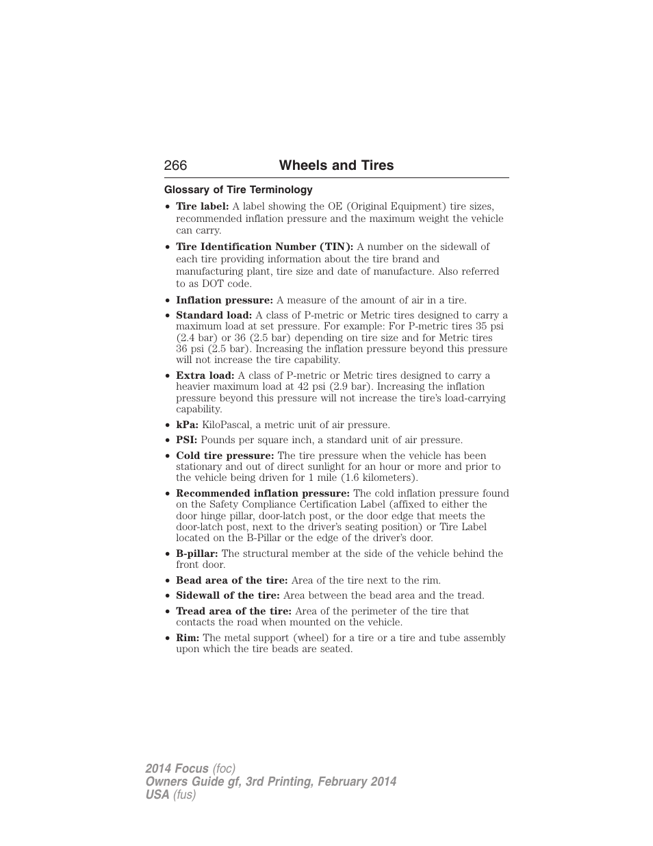 Glossary of tire terminology, 266 wheels and tires | FORD 2014 Focus v.3 User Manual | Page 267 / 494