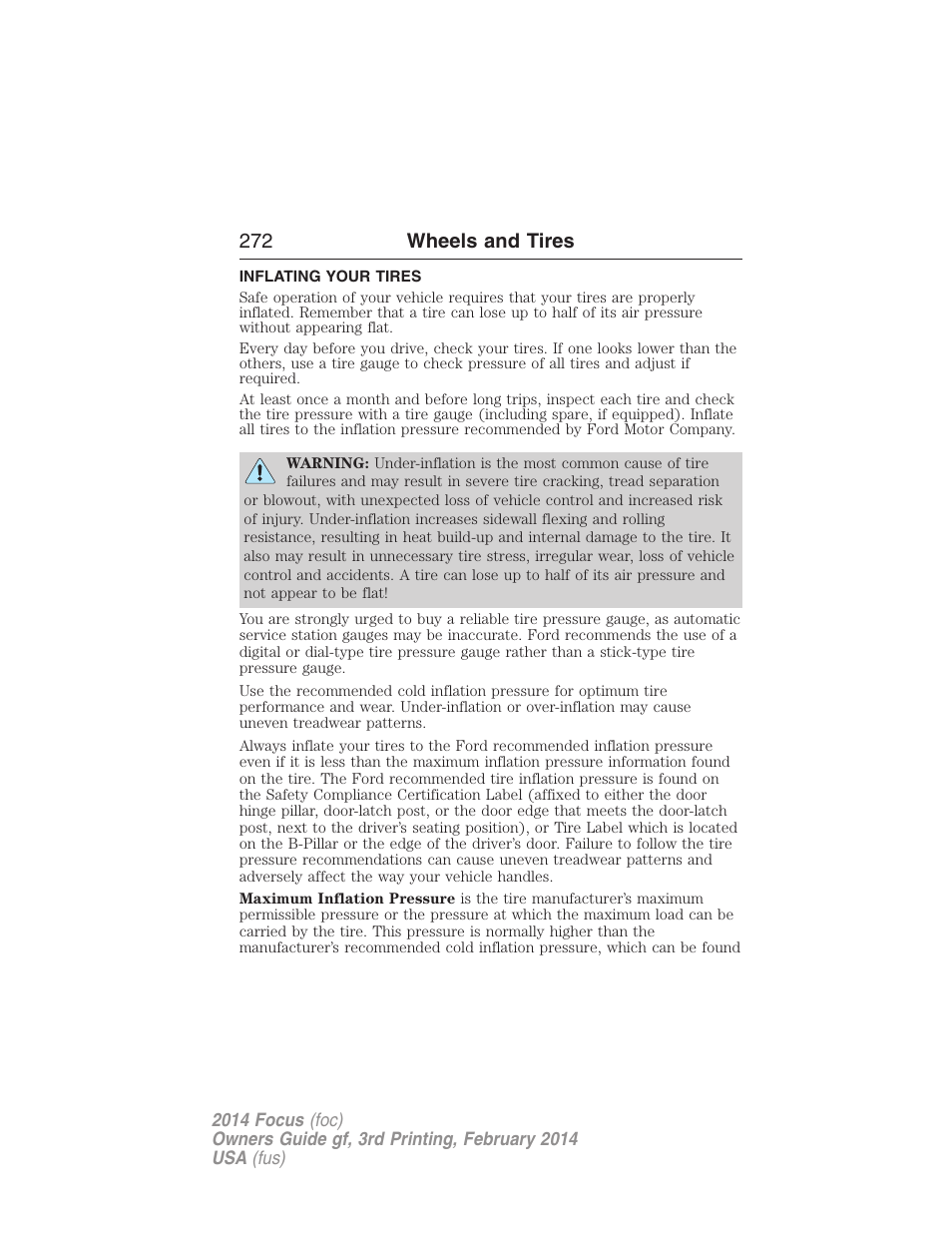 Inflating your tires, 272 wheels and tires | FORD 2014 Focus v.3 User Manual | Page 273 / 494