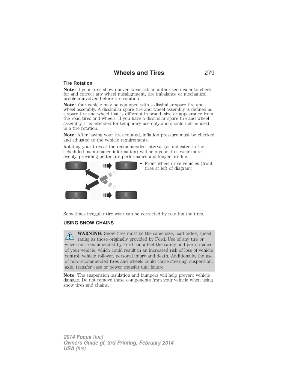 Tire rotation, Using snow chains, Wheels and tires 279 | FORD 2014 Focus v.3 User Manual | Page 280 / 494