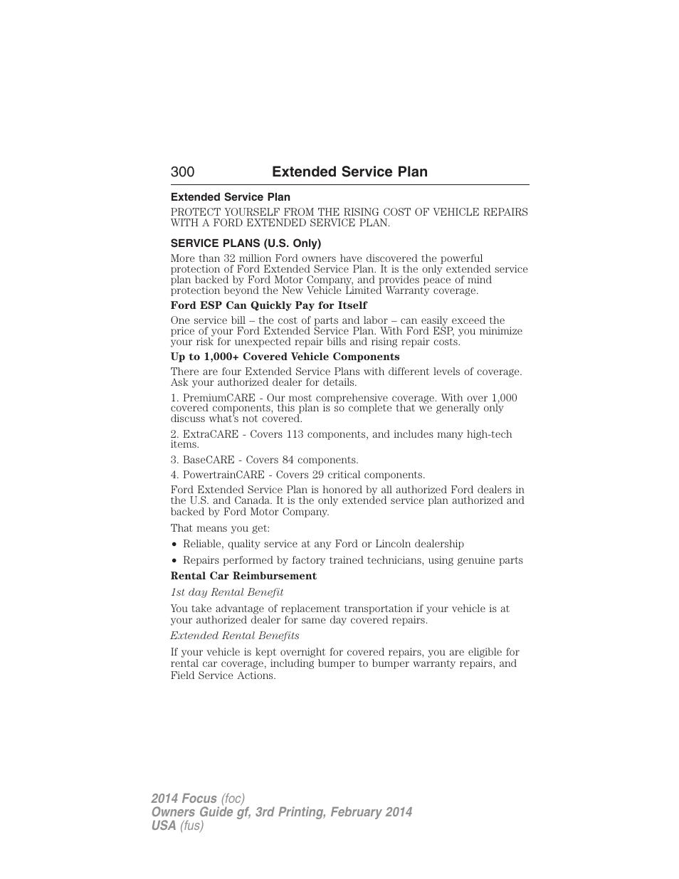 Extended service plan, Service plans (u.s. only), 300 extended service plan | FORD 2014 Focus v.3 User Manual | Page 301 / 494