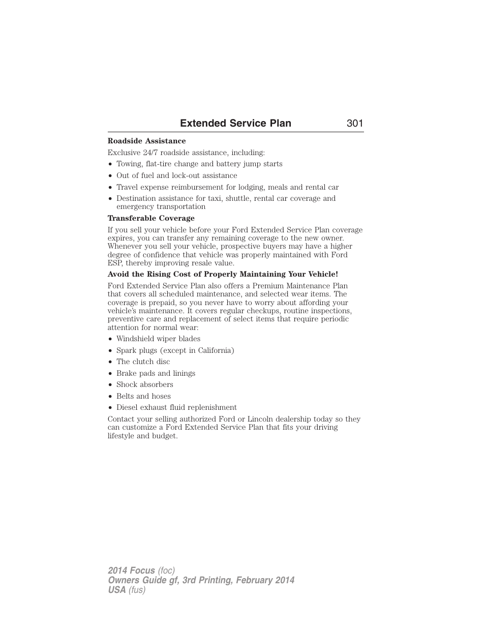 Extended service plan 301 | FORD 2014 Focus v.3 User Manual | Page 302 / 494
