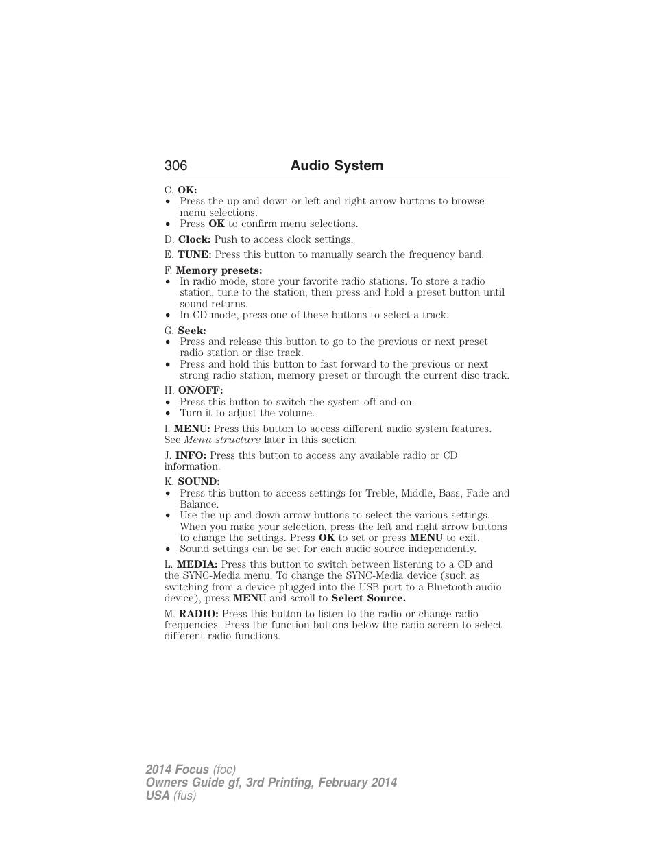 306 audio system | FORD 2014 Focus v.3 User Manual | Page 307 / 494