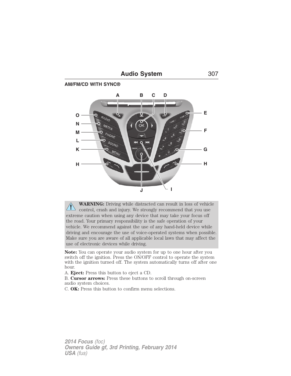 Am/fm/cd with sync, Audio system 307 | FORD 2014 Focus v.3 User Manual | Page 308 / 494