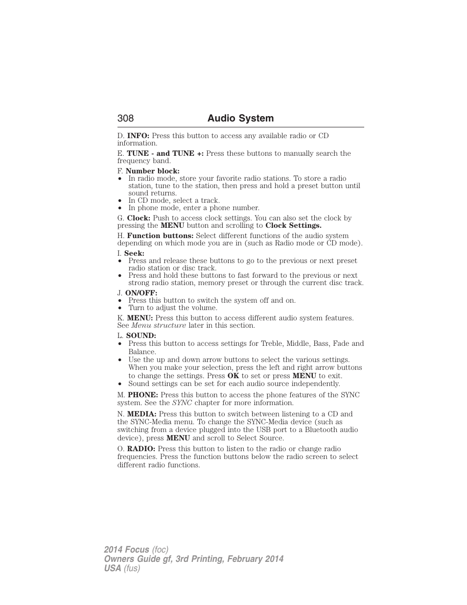 308 audio system | FORD 2014 Focus v.3 User Manual | Page 309 / 494