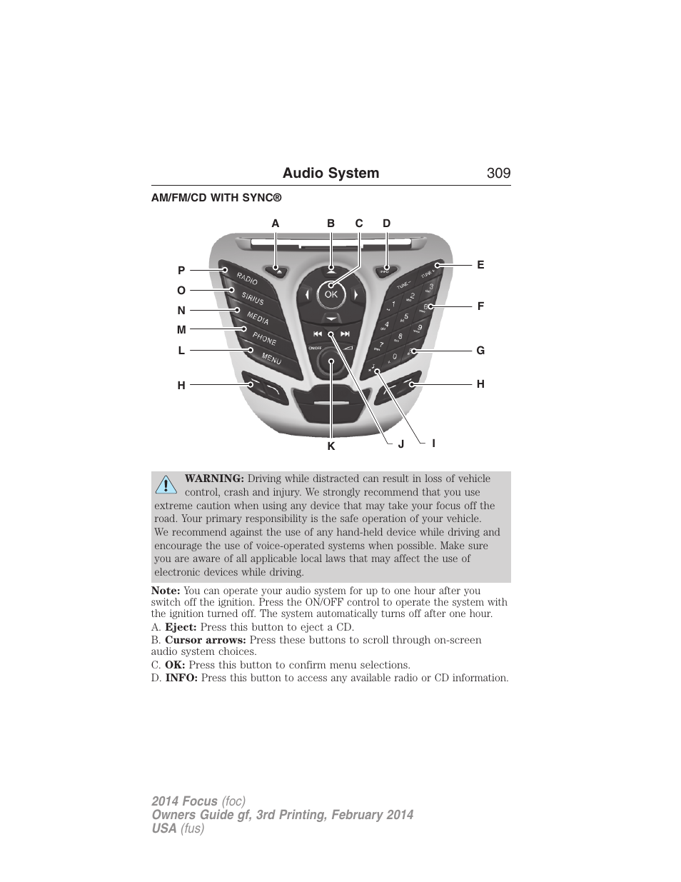 Am/fm/cd with sync, Audio system 309 | FORD 2014 Focus v.3 User Manual | Page 310 / 494