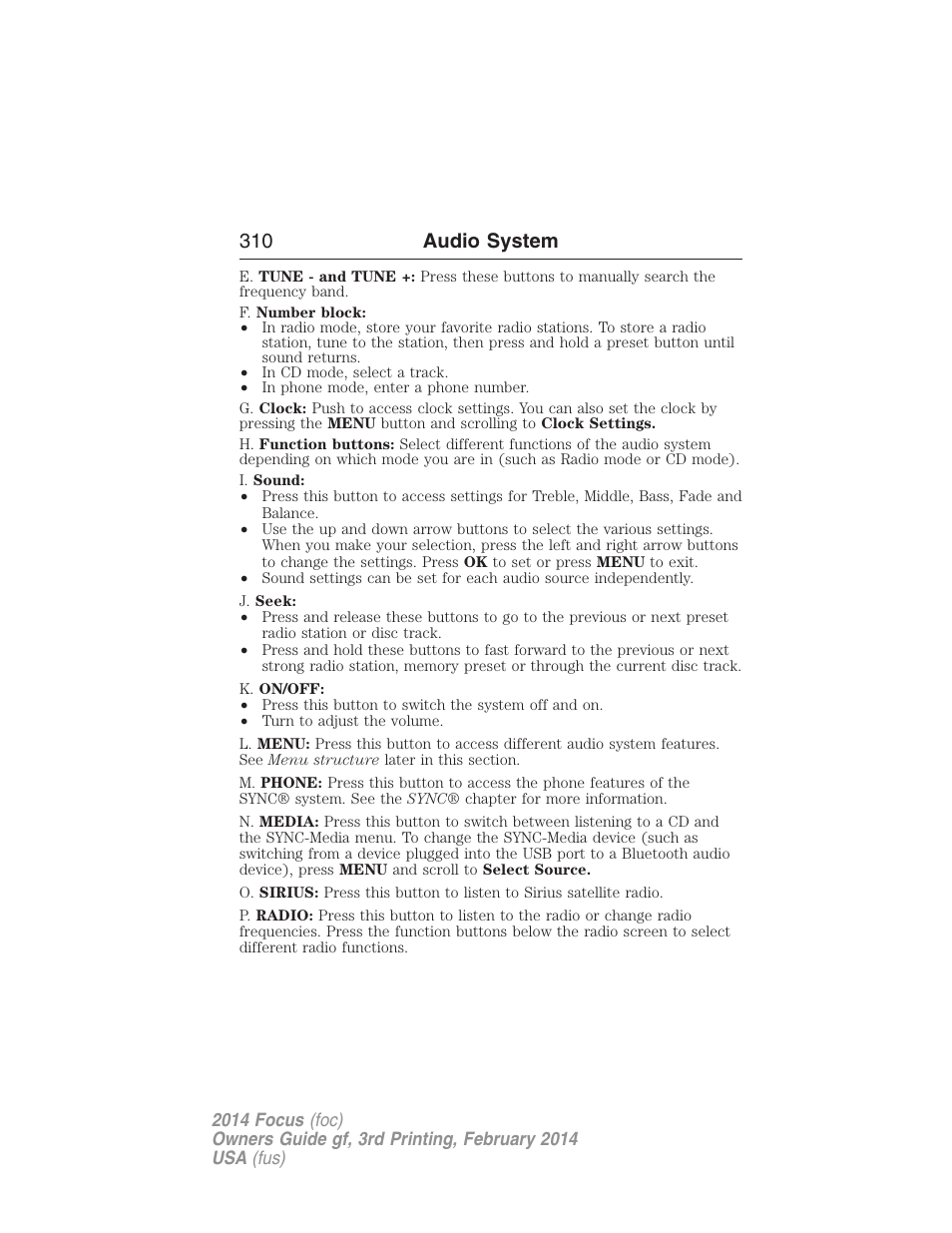 310 audio system | FORD 2014 Focus v.3 User Manual | Page 311 / 494