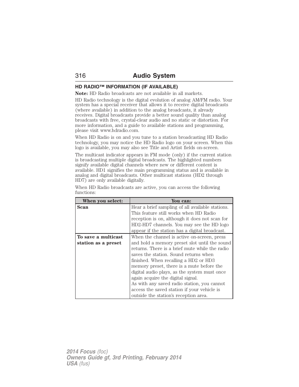 Hd radio™ information (if available), 316 audio system | FORD 2014 Focus v.3 User Manual | Page 317 / 494