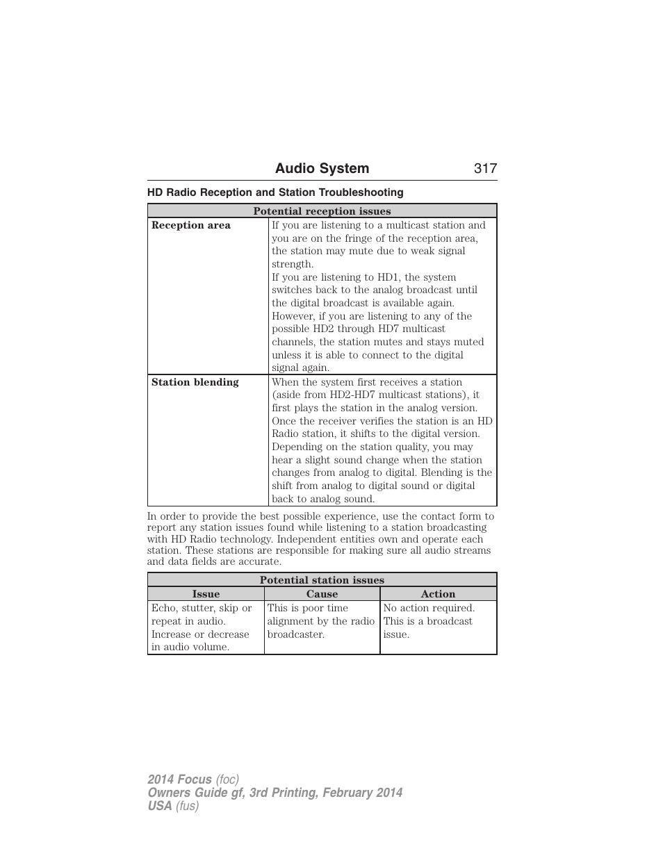 Hd radio reception and station troubleshooting, Audio system 317 | FORD 2014 Focus v.3 User Manual | Page 318 / 494