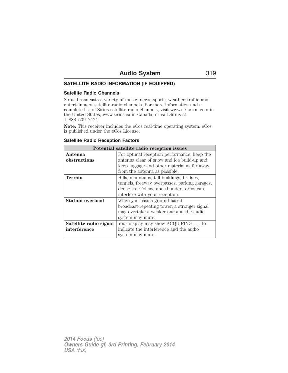 Satellite radio information (if equipped), Satellite radio channels, Satellite radio reception factors | Satellite radio information, Audio system 319 | FORD 2014 Focus v.3 User Manual | Page 320 / 494