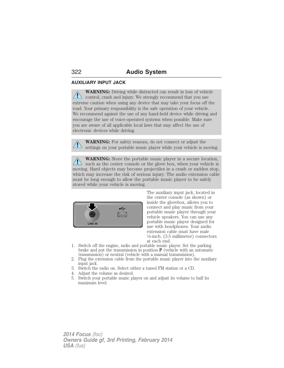 Auxiliary input jack, 322 audio system | FORD 2014 Focus v.3 User Manual | Page 323 / 494