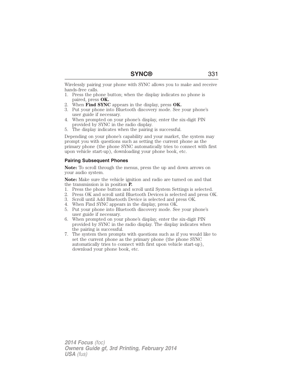 Pairing subsequent phones, Sync® 331 | FORD 2014 Focus v.3 User Manual | Page 332 / 494