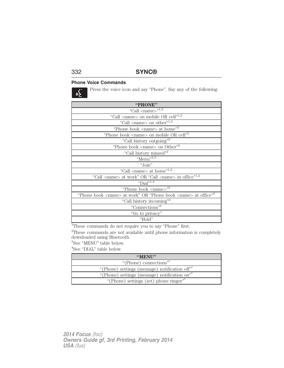 Phone voice commands, 332 sync | FORD 2014 Focus v.3 User Manual | Page 333 / 494