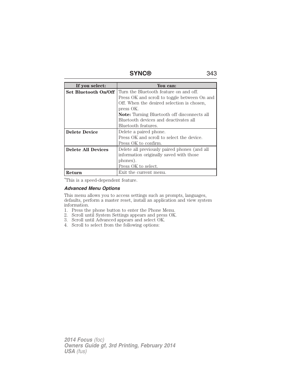 Advanced menu options, Sync® 343 | FORD 2014 Focus v.3 User Manual | Page 344 / 494