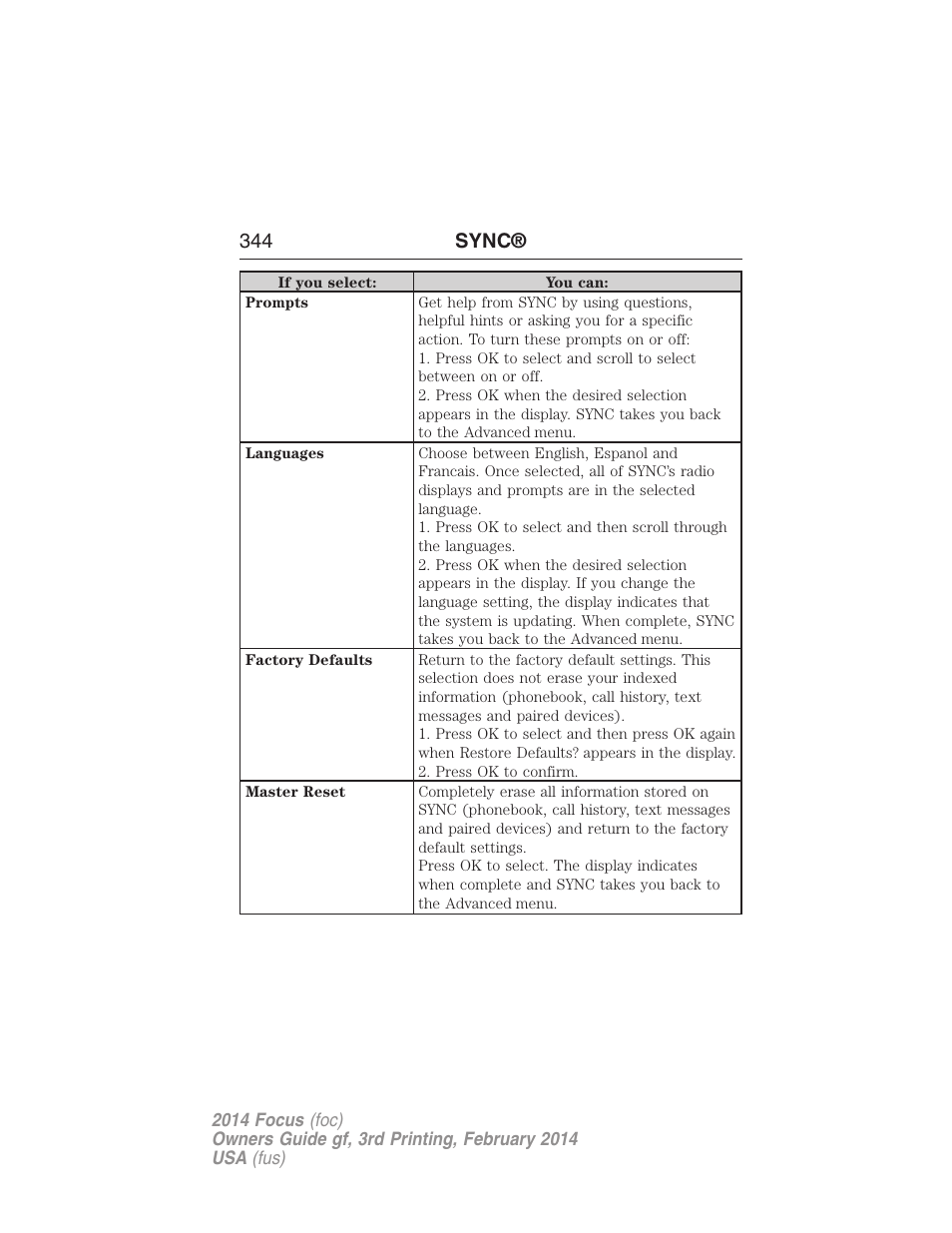 344 sync | FORD 2014 Focus v.3 User Manual | Page 345 / 494