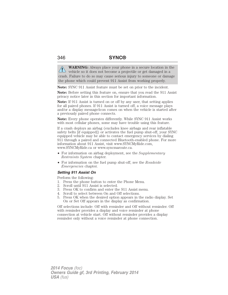 Setting 911 assist on, 346 sync | FORD 2014 Focus v.3 User Manual | Page 347 / 494