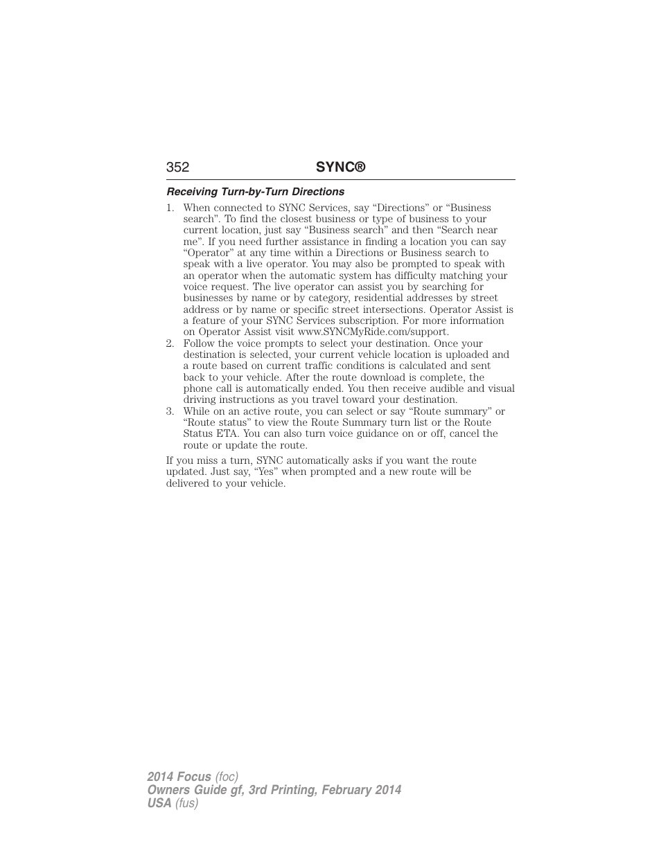 Receiving turn-by-turn directions, 352 sync | FORD 2014 Focus v.3 User Manual | Page 353 / 494