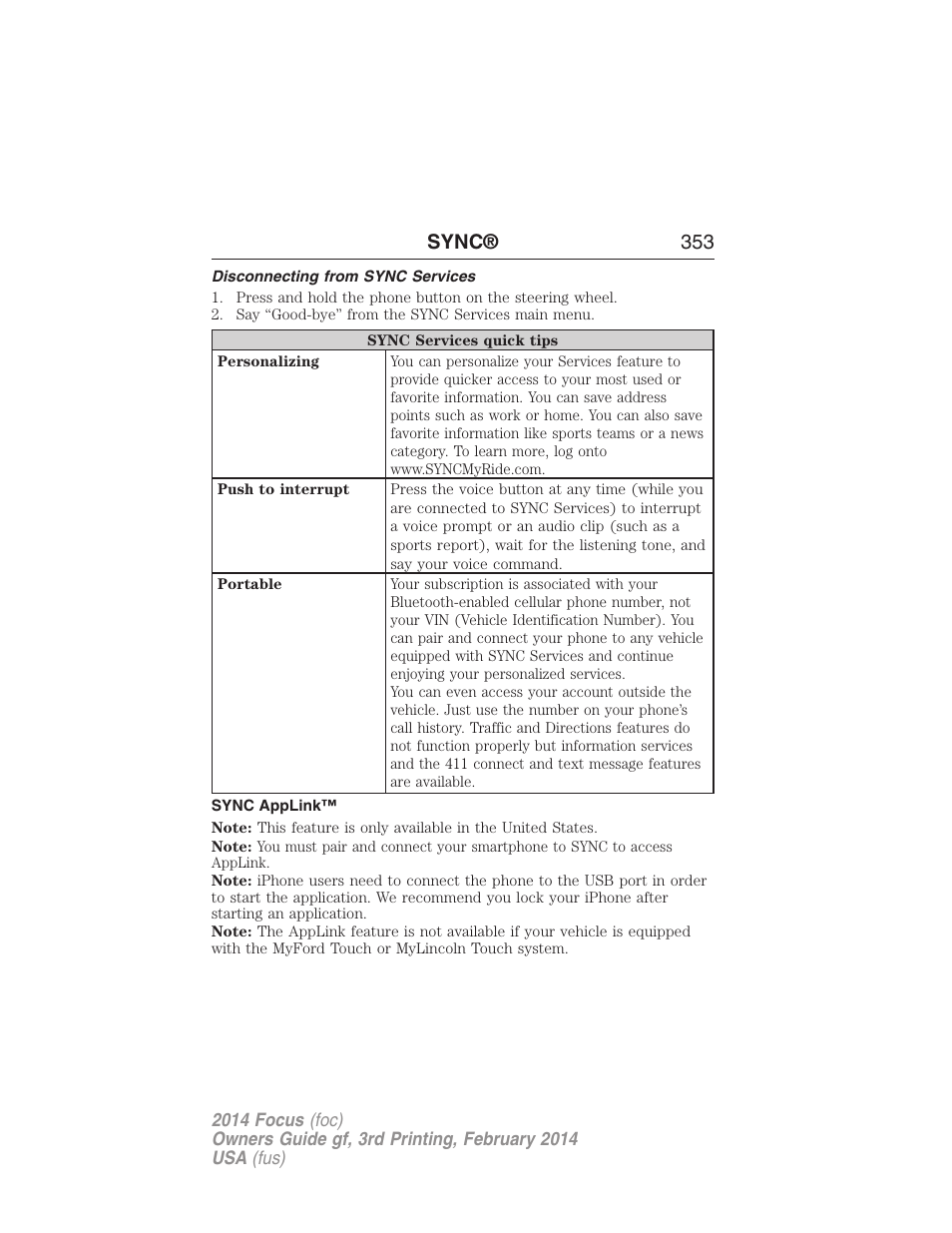 Disconnecting from sync services, Sync applink, Sync® 353 | FORD 2014 Focus v.3 User Manual | Page 354 / 494