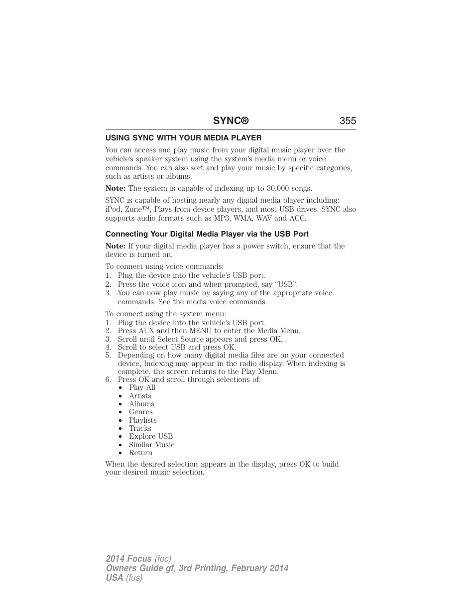 Using sync with your media player, Sync® 355 | FORD 2014 Focus v.3 User Manual | Page 356 / 494