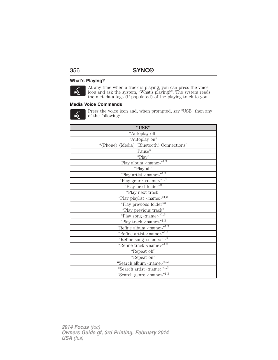 What’s playing, Media voice commands, 356 sync | FORD 2014 Focus v.3 User Manual | Page 357 / 494