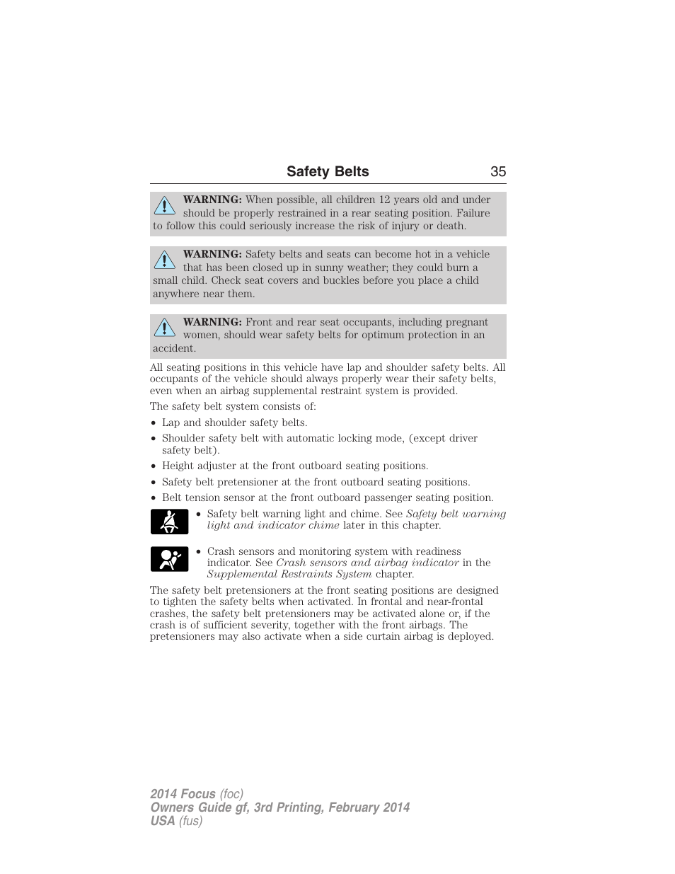 Safety belts 35 | FORD 2014 Focus v.3 User Manual | Page 36 / 494