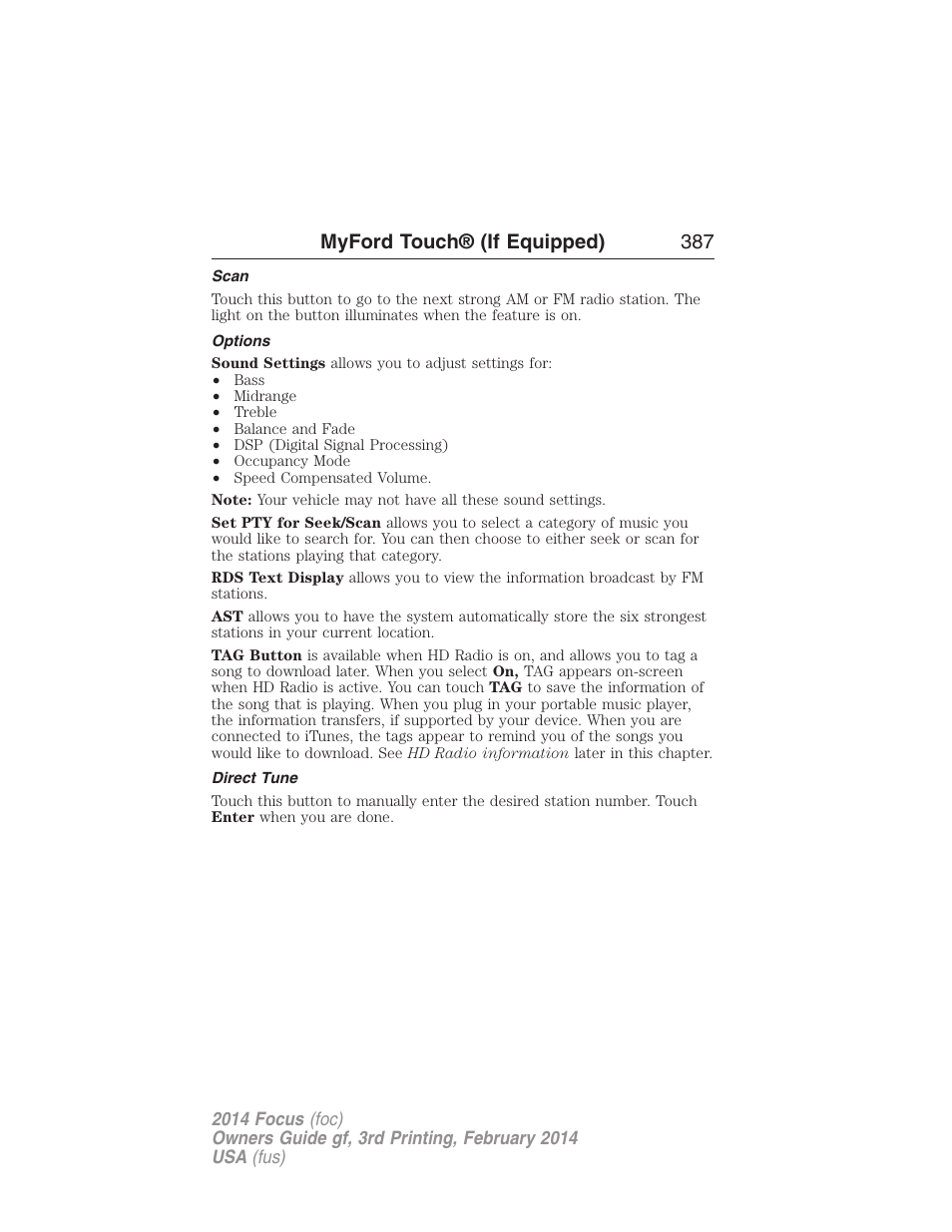 Scan, Options, Direct tune | Myford touch® (if equipped) 387 | FORD 2014 Focus v.3 User Manual | Page 388 / 494