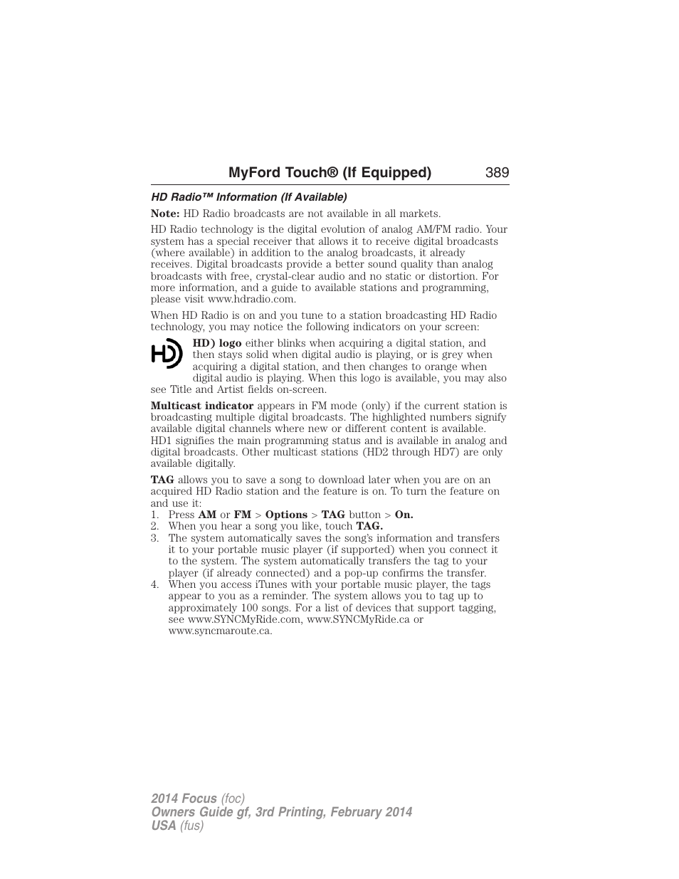 Hd radio™ information (if available), Myford touch® (if equipped) 389 | FORD 2014 Focus v.3 User Manual | Page 390 / 494