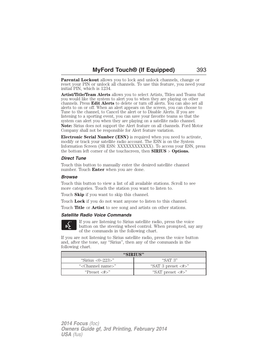 Direct tune, Browse, Satellite radio voice commands | Myford touch® (if equipped) 393 | FORD 2014 Focus v.3 User Manual | Page 394 / 494