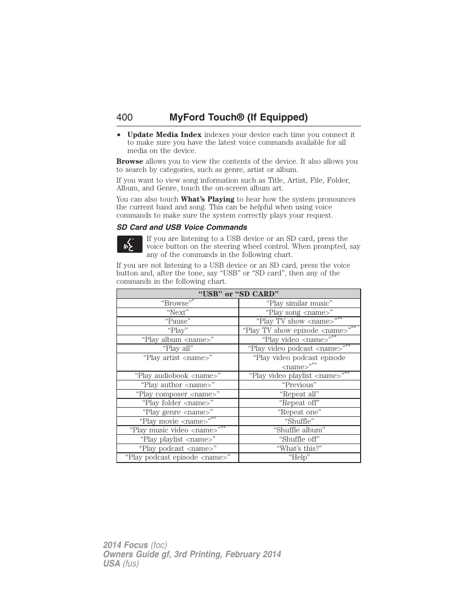 Sd card and usb voice commands, 400 myford touch® (if equipped) | FORD 2014 Focus v.3 User Manual | Page 401 / 494