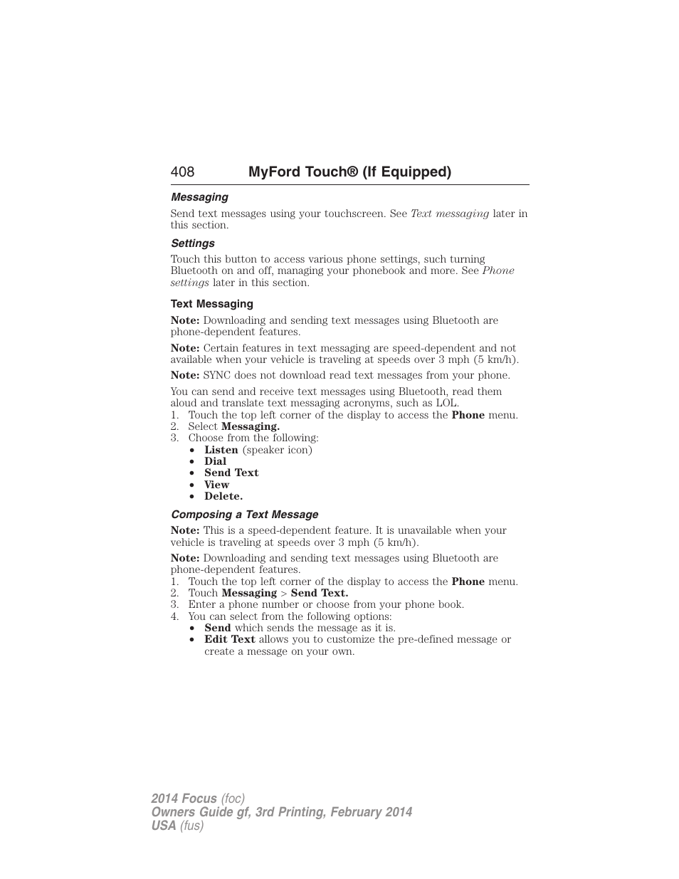 Messaging, Settings, Text messaging | Composing a text message, 408 myford touch® (if equipped) | FORD 2014 Focus v.3 User Manual | Page 409 / 494